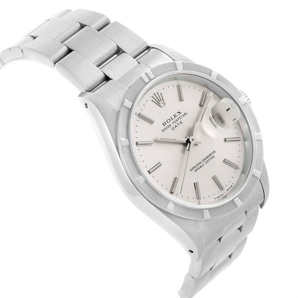 This Rolex Date 15210 Men's Stainless Steel Silver Dial 15210 Men's Stainless Steel Silver Dial model watch is shown at an angle highlighting the dial, bezel, and part of the bracelet.