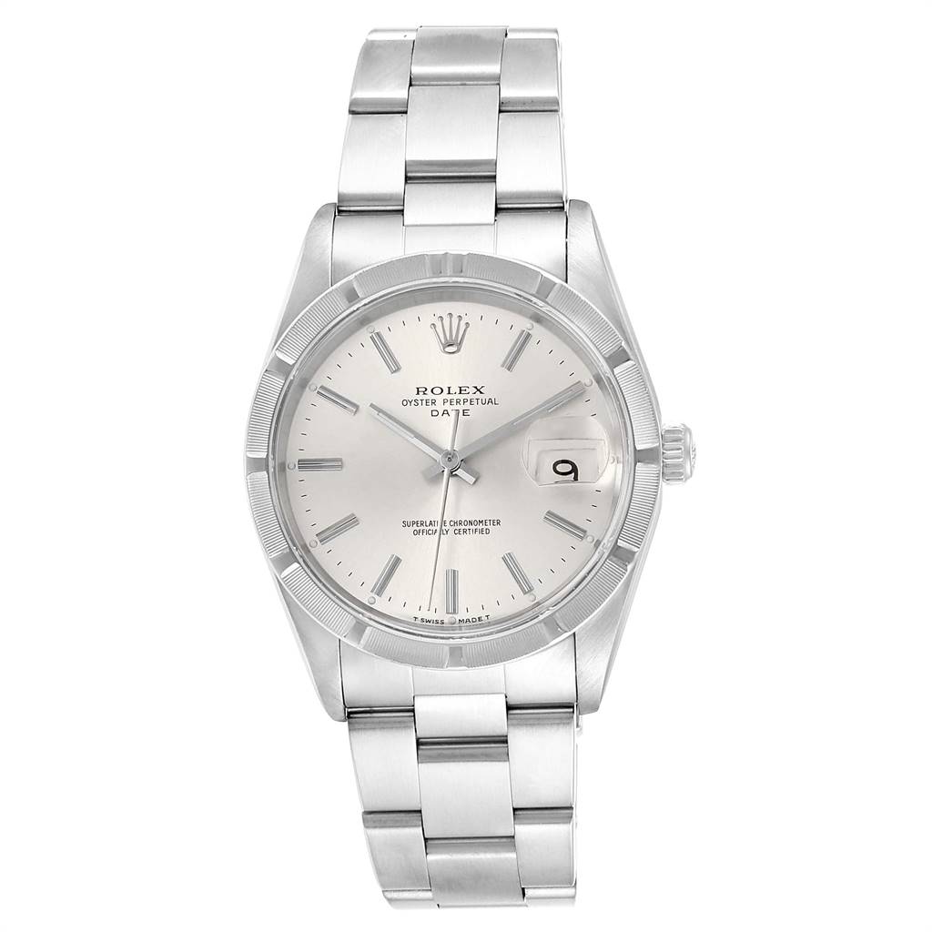 The Rolex Date 15210 Men's Stainless Steel Silver Dial 15210 Men's Stainless Steel Silver Dial model watch is shown from the front, displaying its face, hands, date window, bezel, and bracelet.