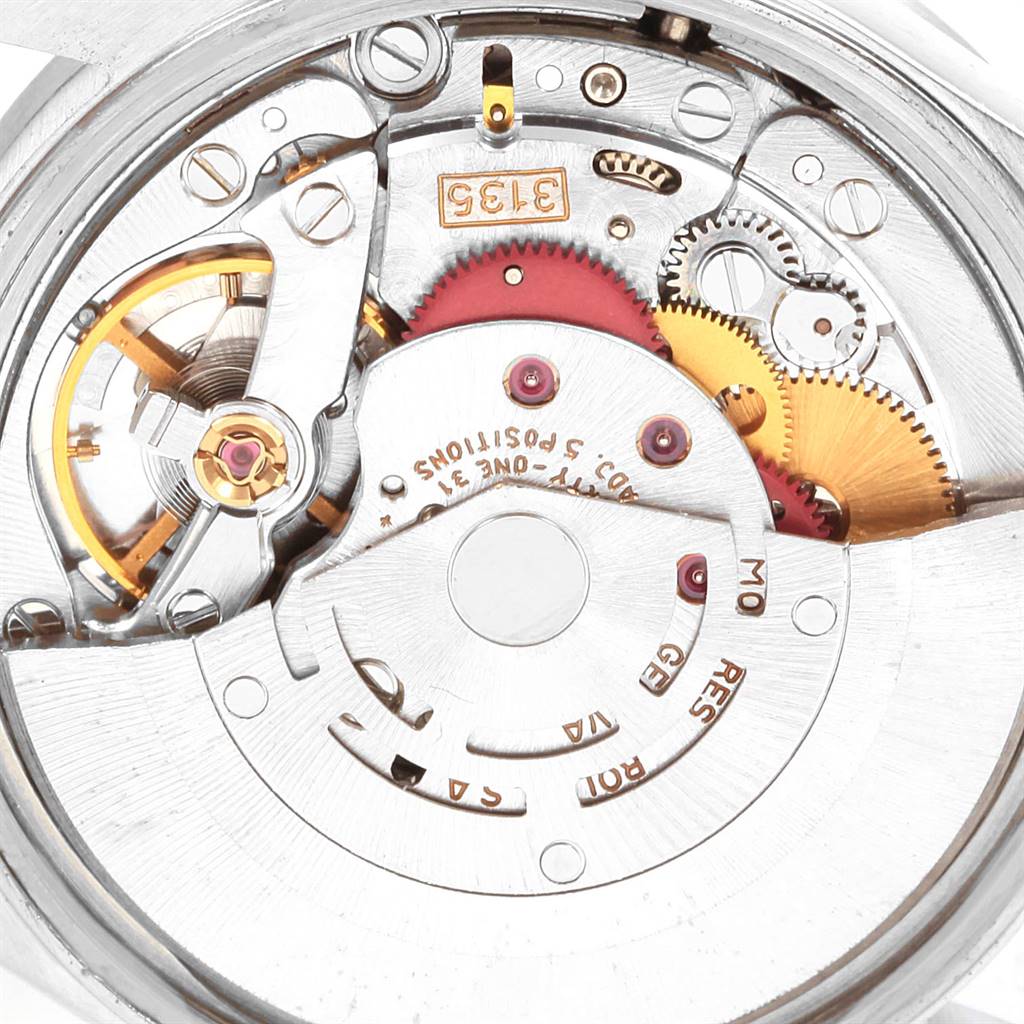This image shows the internal mechanical movement of a Rolex Date 15210 Men's Stainless Steel Silver Dial 15210 Men's Stainless Steel Silver Dial model watch from a close-up angle.