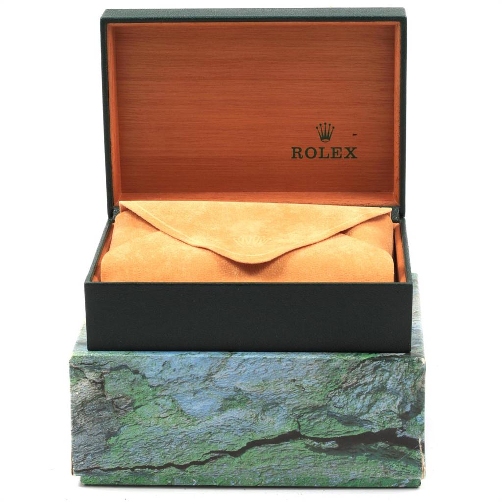 The image shows a Rolex Date 15210 Men's Stainless Steel Silver Dial 15210 Men's Stainless Steel Silver Dial model watch box, lid open, with a suede pouch inside.