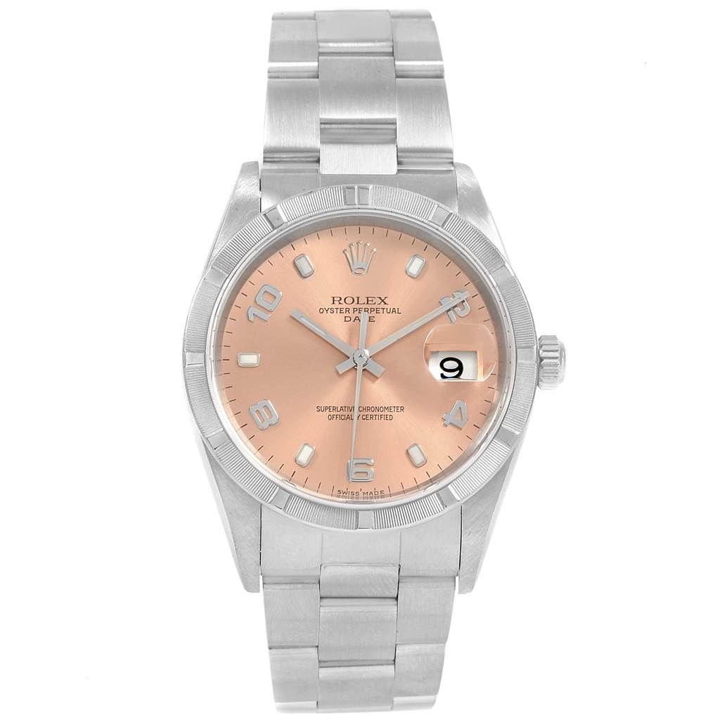 The image shows a front view of a Rolex Date 15210 Men's Stainless Steel Pink Dial 15210 Men's Stainless Steel Pink Dial model with a metallic strap and a salmon-colored dial displaying the date.