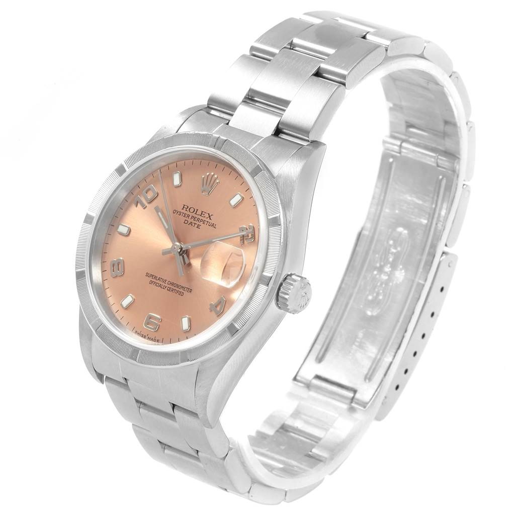 This image shows a side angle of a Rolex Date 15210 Men's Stainless Steel Pink Dial 15210 Men's Stainless Steel Pink Dial model watch, featuring its dial, case, crown, and bracelet.