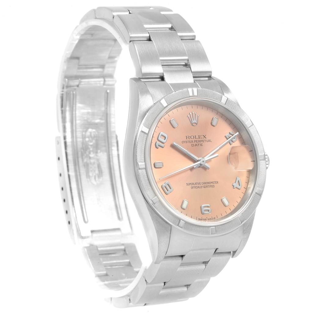 This image shows a Rolex Date 15210 Men's Stainless Steel Pink Dial 15210 Men's Stainless Steel Pink Dial model watch angled from the front left, highlighting the dial, case, bracelet, and clasp.