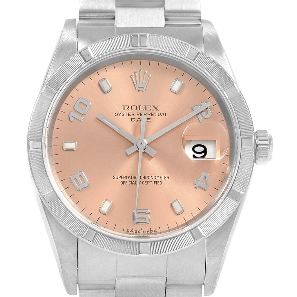 The image shows a frontal view of a Rolex Oyster Perpetual Date watch, highlighting the dial, bezel, and bracelet.