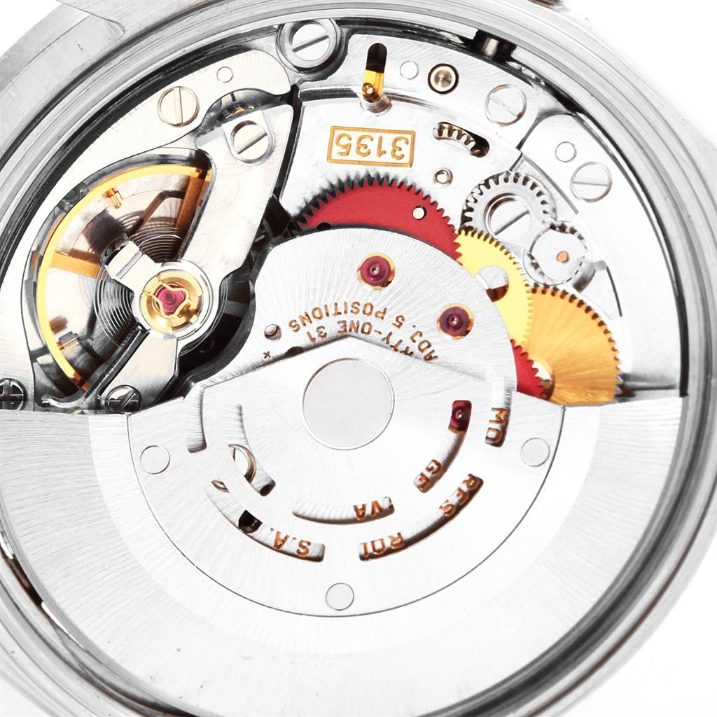 This image shows the internal mechanical movement of a Rolex Date 15210 Men's Stainless Steel Silver Dial 15210 Men's Stainless Steel Silver Dial model watch, viewed from a close-up angle.