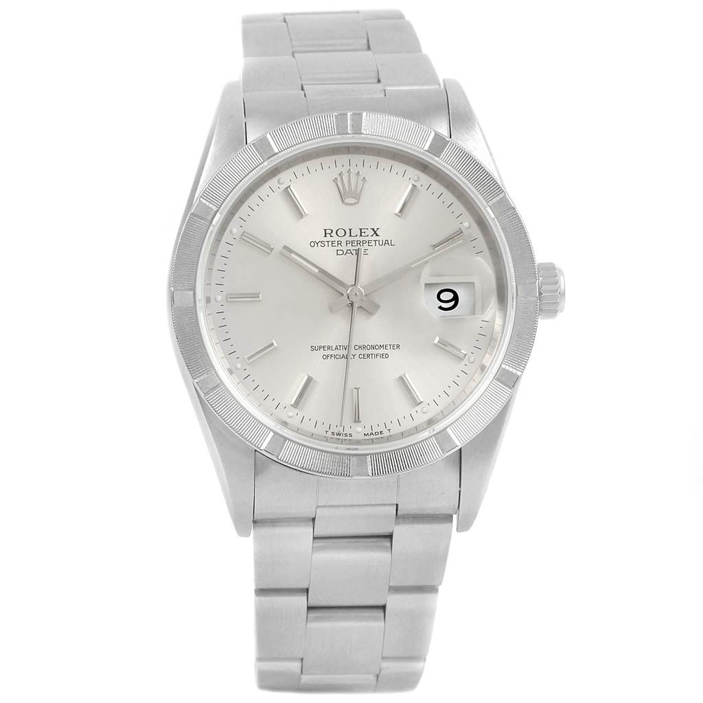 This image shows a front view of a Rolex Date 15210 Men's Stainless Steel Silver Dial 15210 Men's Stainless Steel Silver Dial model watch, displaying the dial, bezel, bracelet, and date window.