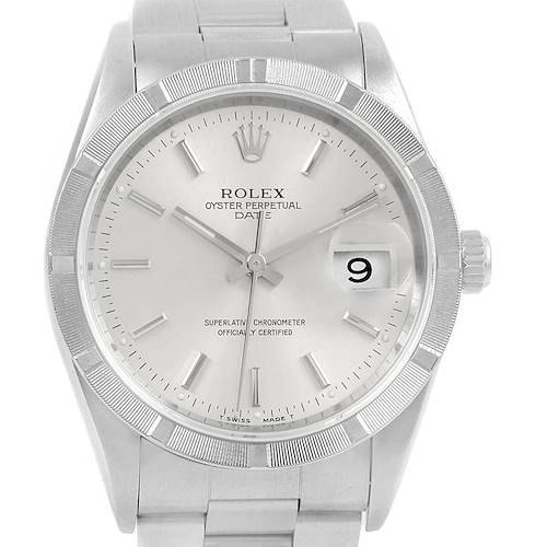 Photo of Rolex Date Silver Dial Engine Turned Bezel Steel Mens Watch 15210