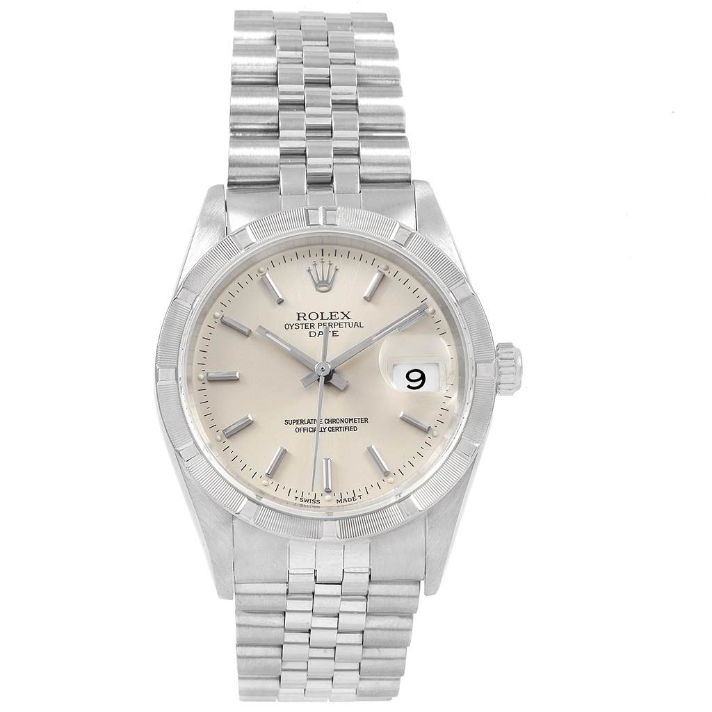 The Rolex Date 15210 Men's Stainless Steel Silver Dial 15210 Men's Stainless Steel Silver Dial model watch is shown from the front, displaying the face, bezel, bracelet, and crown.