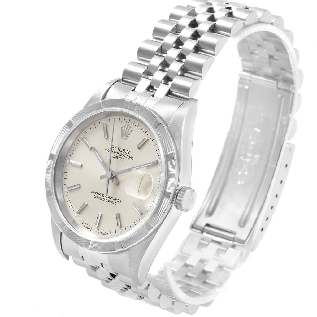 The image shows a side and front angle of the Rolex Date 15210 Men's Stainless Steel Silver Dial 15210 Men's Stainless Steel Silver Dial model, highlighting its dial, bezel, bracelet, and clasp.