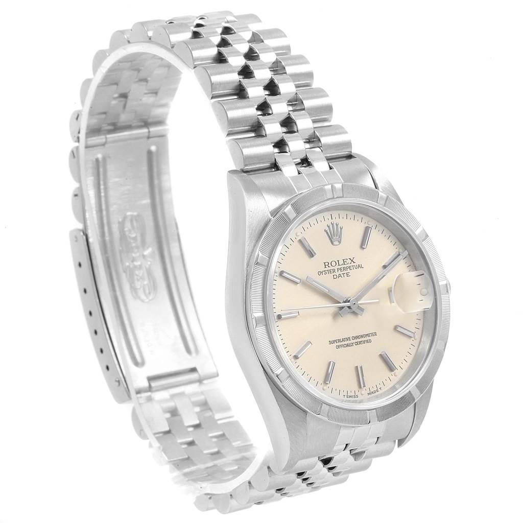 The Rolex Date 15210 Men's Stainless Steel Silver Dial 15210 Men's Stainless Steel Silver Dial model watch is shown at a slight angle, displaying the face, bezel, and metal bracelet clearly.