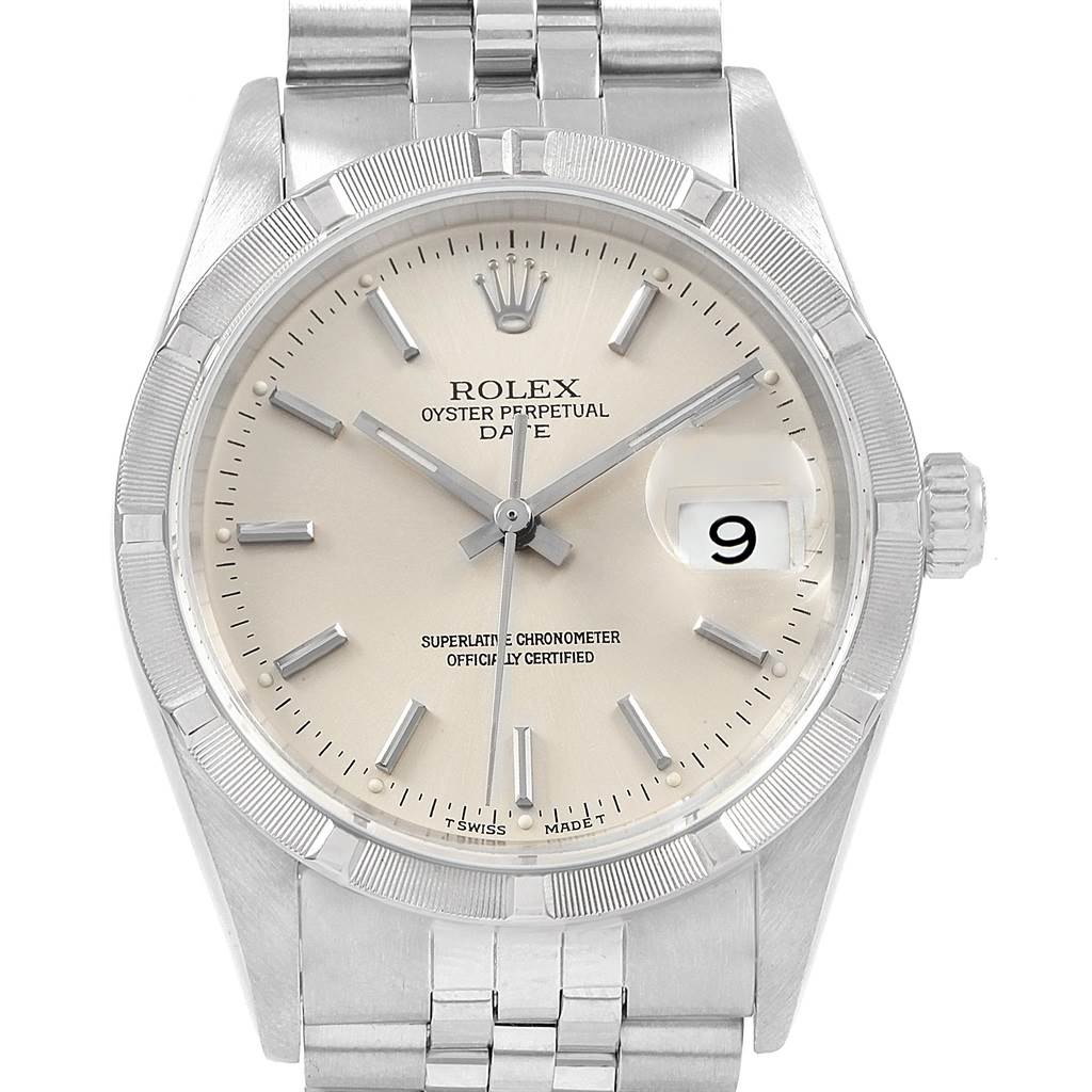 This image shows a front view of the Rolex Date 15210 Men's Stainless Steel Silver Dial 15210 Men's Stainless Steel Silver Dial model watch, highlighting its dial, bezel, and bracelet.