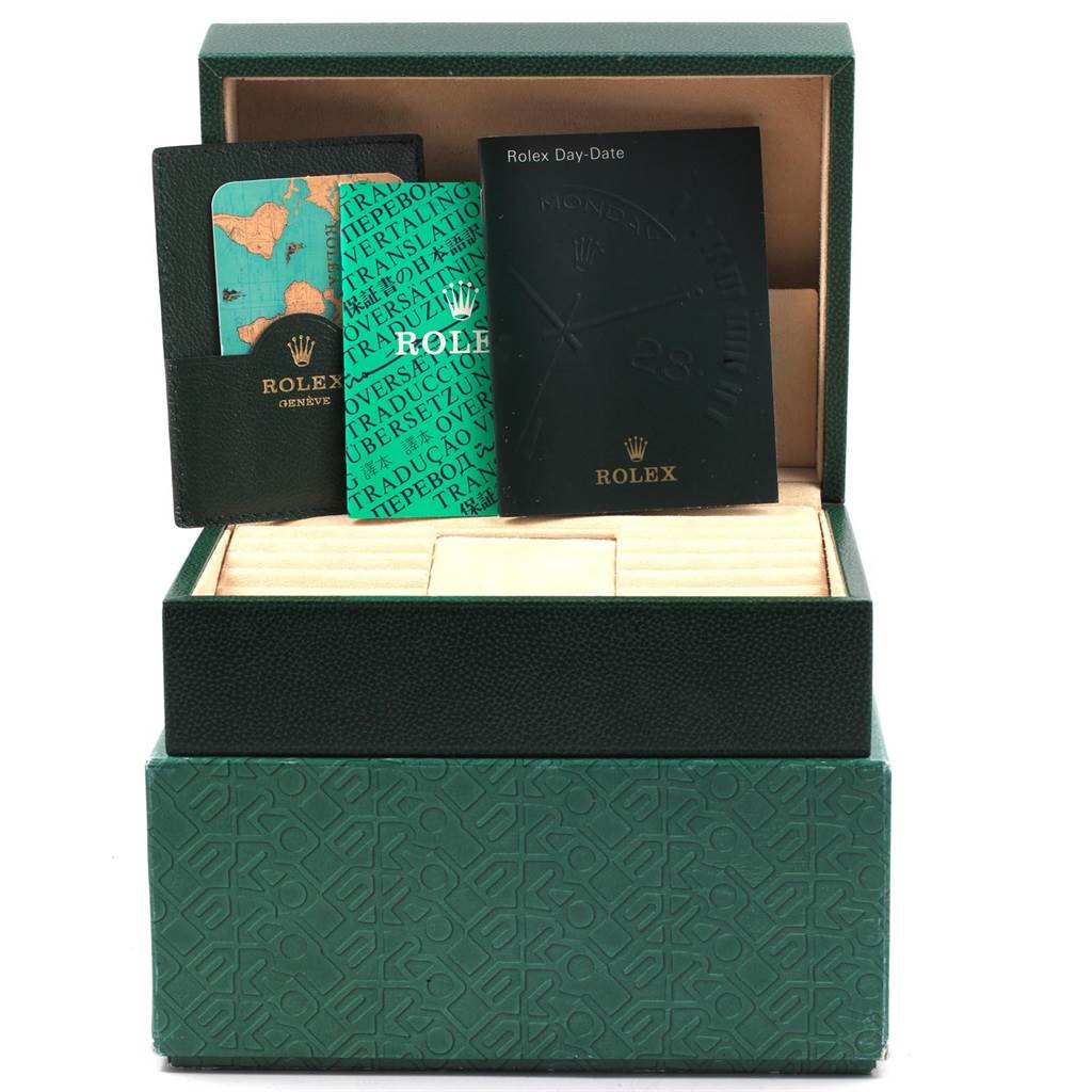 The image shows a Rolex Date 16238 Men's Yellow Gold Champagne Dial 16238 Men's Yellow Gold Champagne Dial model watch box with documentation and accessories from a front view.