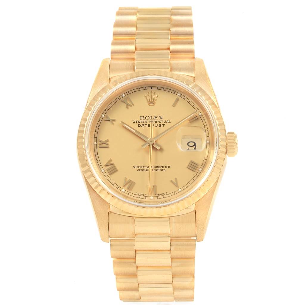This image shows a front view of the Rolex Date 16238 Men's Yellow Gold Champagne Dial 16238 Men's Yellow Gold Champagne Dial model watch, highlighting its face, bezel, and linked bracelet.