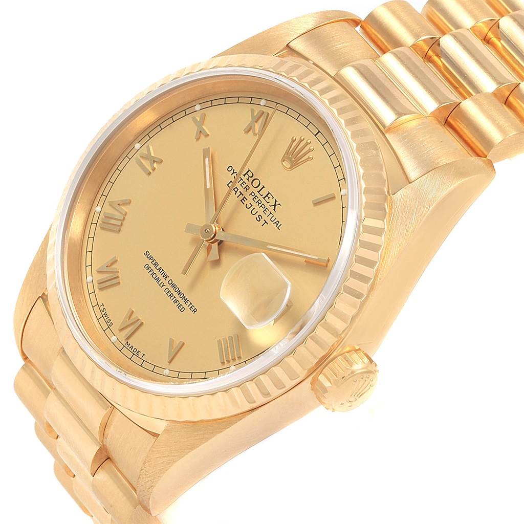 The image shows the face, bezel, and bracelet of a Rolex Date 16238 Men's Yellow Gold Champagne Dial 16238 Men's Yellow Gold Champagne Dial model watch, angled slightly from the front.