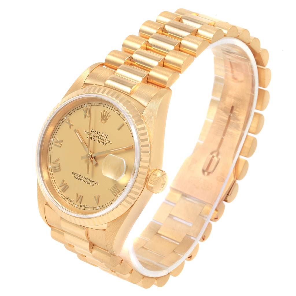 This image shows a side angle of a Rolex Date 16238 Men's Yellow Gold Champagne Dial 16238 Men's Yellow Gold Champagne Dial model watch, highlighting its gold dial, bezel, case, and bracelet.