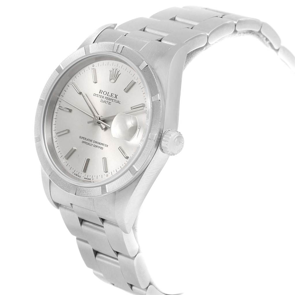 This image shows a Rolex Date 15210 Men's Stainless Steel Silver Dial 15210 Men's Stainless Steel Silver Dial model watch from an angled side view, highlighting its dial, bracelet, and crown.