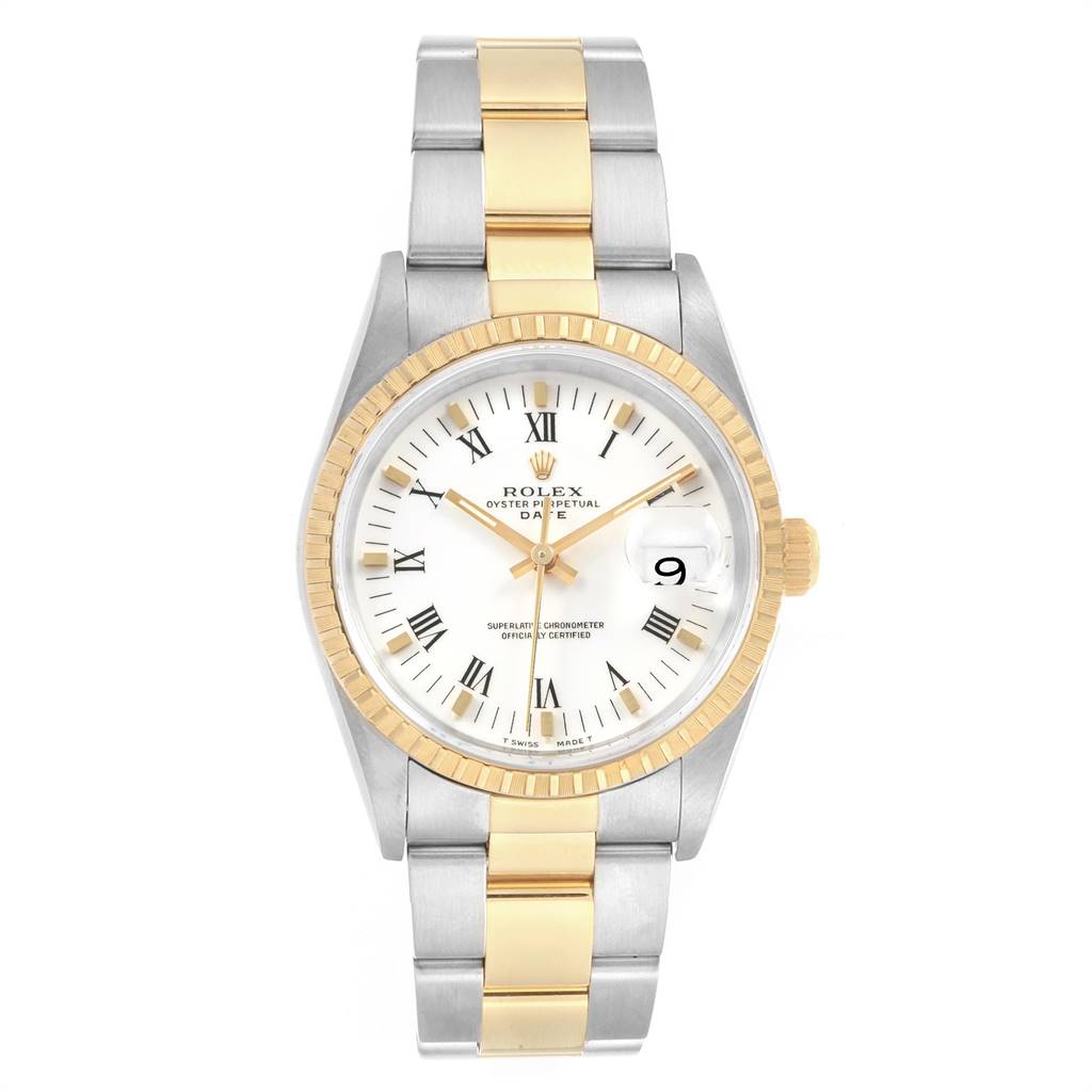 This image shows a front-facing view of a Rolex Date 15223 Men's Steel and Gold (two tone) White Dial 15223 Men's Steel and Gold (two tone) White Dial model watch, including the dial, bezel, and two-tone bracelet.