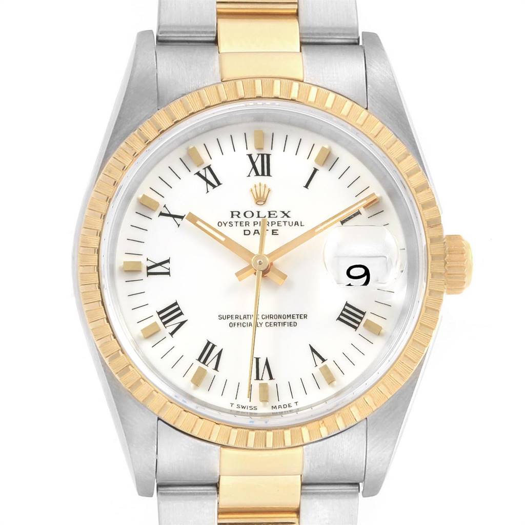The image shows a frontal view of a Rolex Date 15223 Men's Steel and Gold (two tone) White Dial 15223 Men's Steel and Gold (two tone) White Dial model watch, highlighting its dial, bezel, and part of the bracelet.