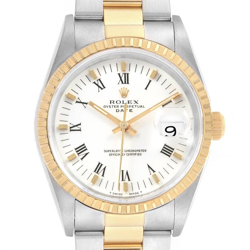 Rolex Date Mens Steel 18k Yellow Gold White Dial Mens Watch 15223 SwissWatchExpo
