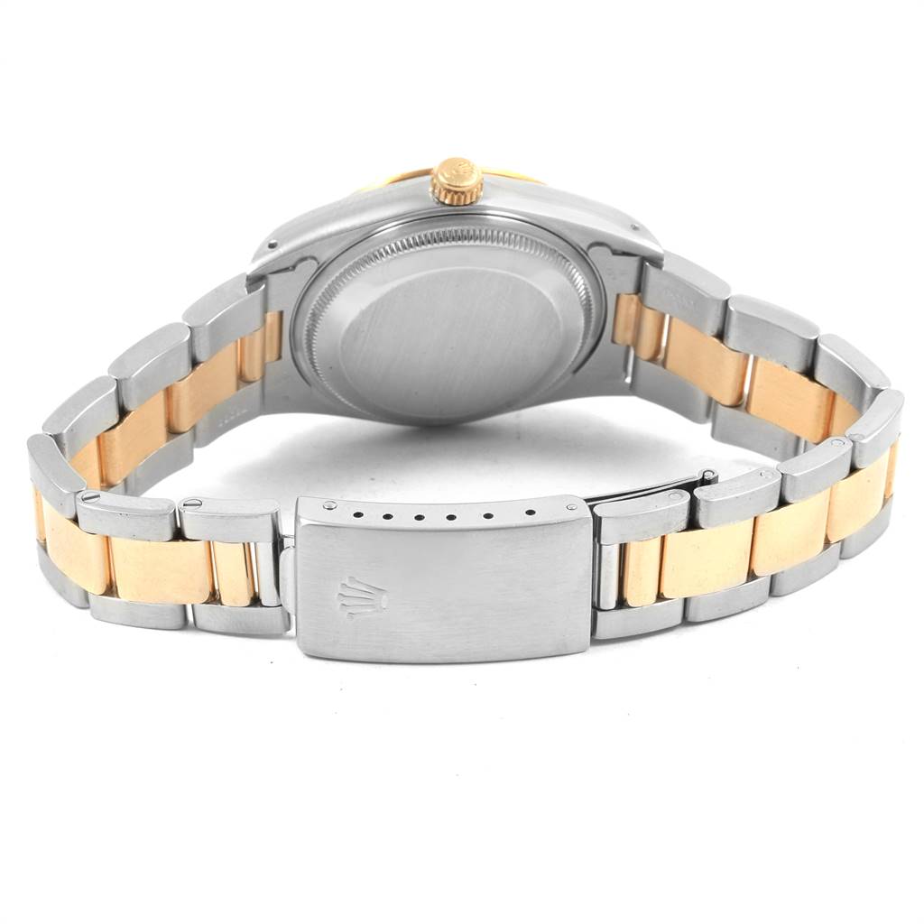 This image shows the back view of a Rolex Date 15223 Men's Steel and Gold (two tone) White Dial 15223 Men's Steel and Gold (two tone) White Dial model watch, highlighting the case back, crown, and two-tone bracelet with a clasp.