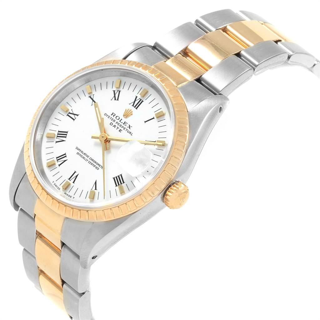 The image shows a Rolex Date 15223 Men's Steel and Gold (two tone) White Dial 15223 Men's Steel and Gold (two tone) White Dial watch angled from the top-left, highlighting the dial, bezel, and two-tone bracelet.