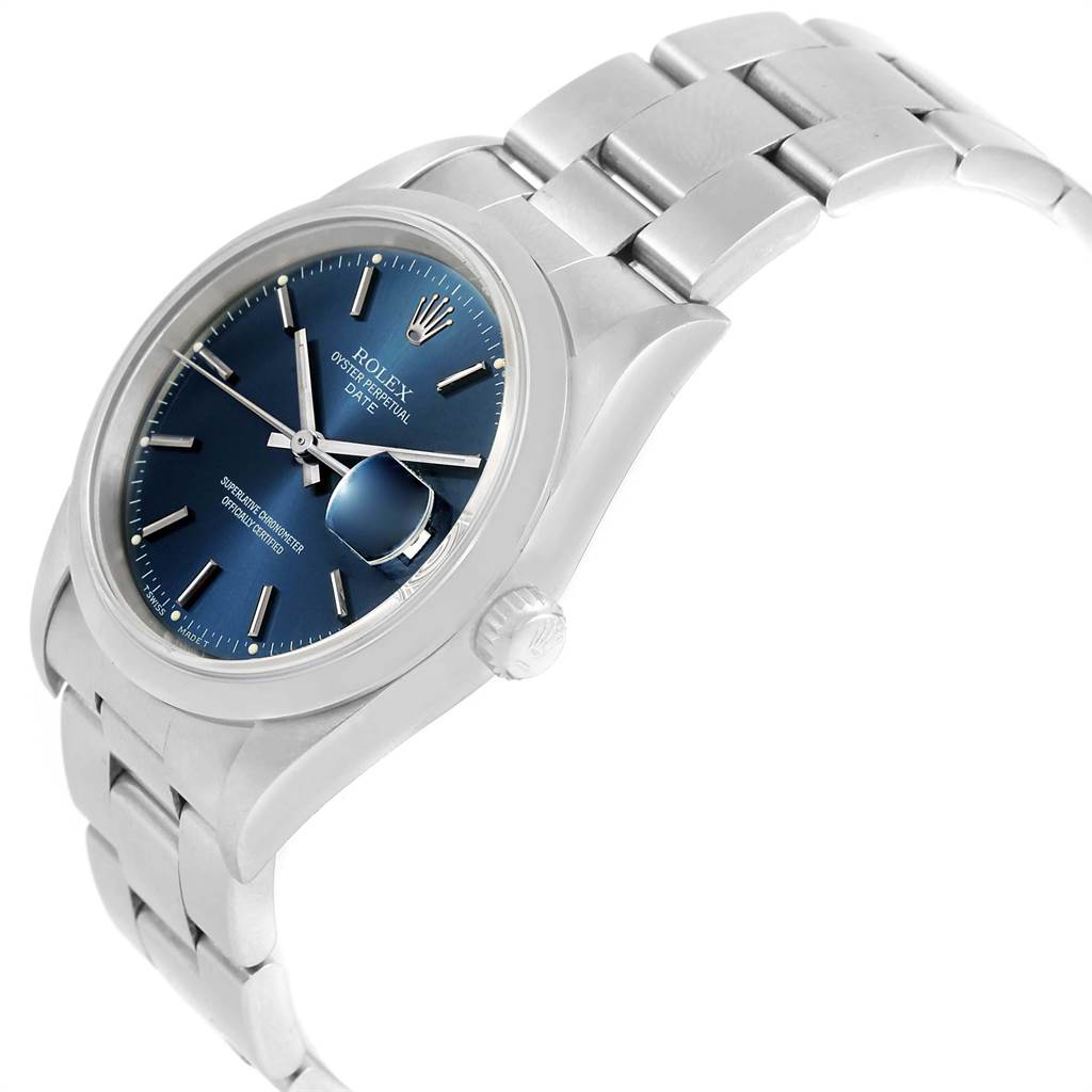 The image displays a Rolex Date 15200 Men's Stainless Steel Blue Dial 15200 Men's Stainless Steel Blue Dial model watch at a three-quarter angle, showcasing the face, bezel, crown, and bracelet.