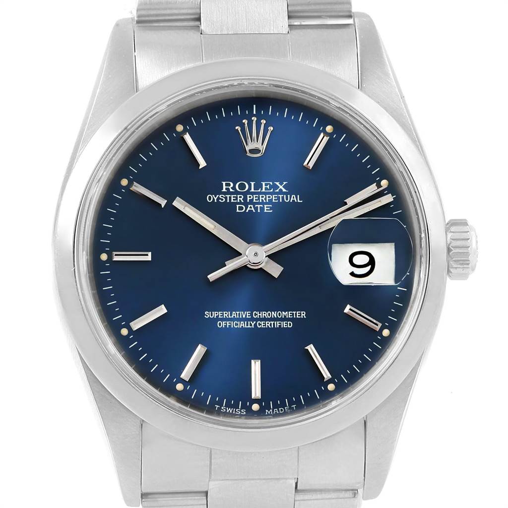 A Rolex Date 15200 Men's Stainless Steel Blue Dial 15200 Men's Stainless Steel Blue Dial model watch is shown from a top-down angle, displaying the blue dial, hour markers, date window, and part of the bracelet.