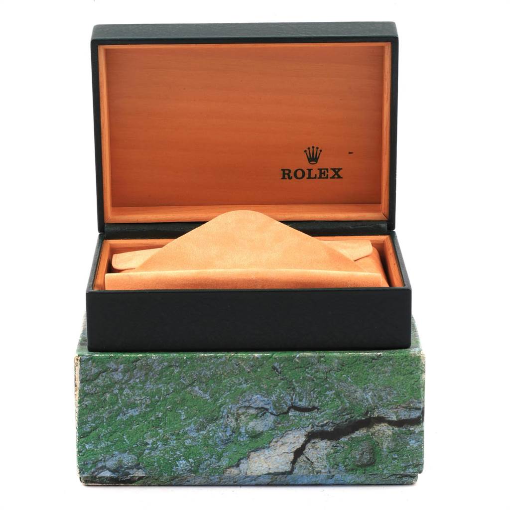 The image shows a Rolex Date 15200 Men's Stainless Steel Blue Dial 15200 Men's Stainless Steel Blue Dial model watch box, opened and empty, displaying the interior padding and brand logo.