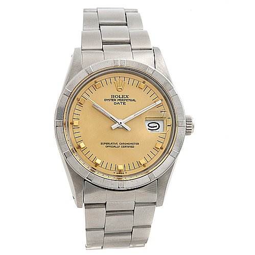 This image shows a frontal view of the Rolex Date 15010 Men
s Stainless Steel Champagne Dial 15010 Men
s Stainless Steel Champagne Dial model watch, displaying the dial, bezel, bracelet, and date window.