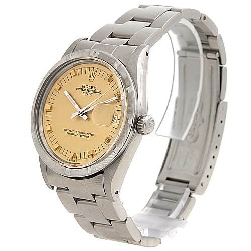 The image shows a side view angle of the Rolex Date 15010 Men
s Stainless Steel Champagne Dial 15010 Men
s Stainless Steel Champagne Dial model watch, highlighting its bracelet, bezel, dial, and crown.