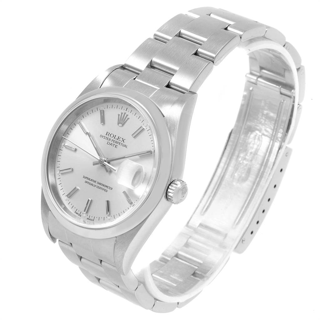 The image shows a Rolex Date 15200 Men's Stainless Steel Silver Dial 15200 Men's Stainless Steel Silver Dial model watch at an angled view, highlighting the dial, bezel, bracelet, and crown.