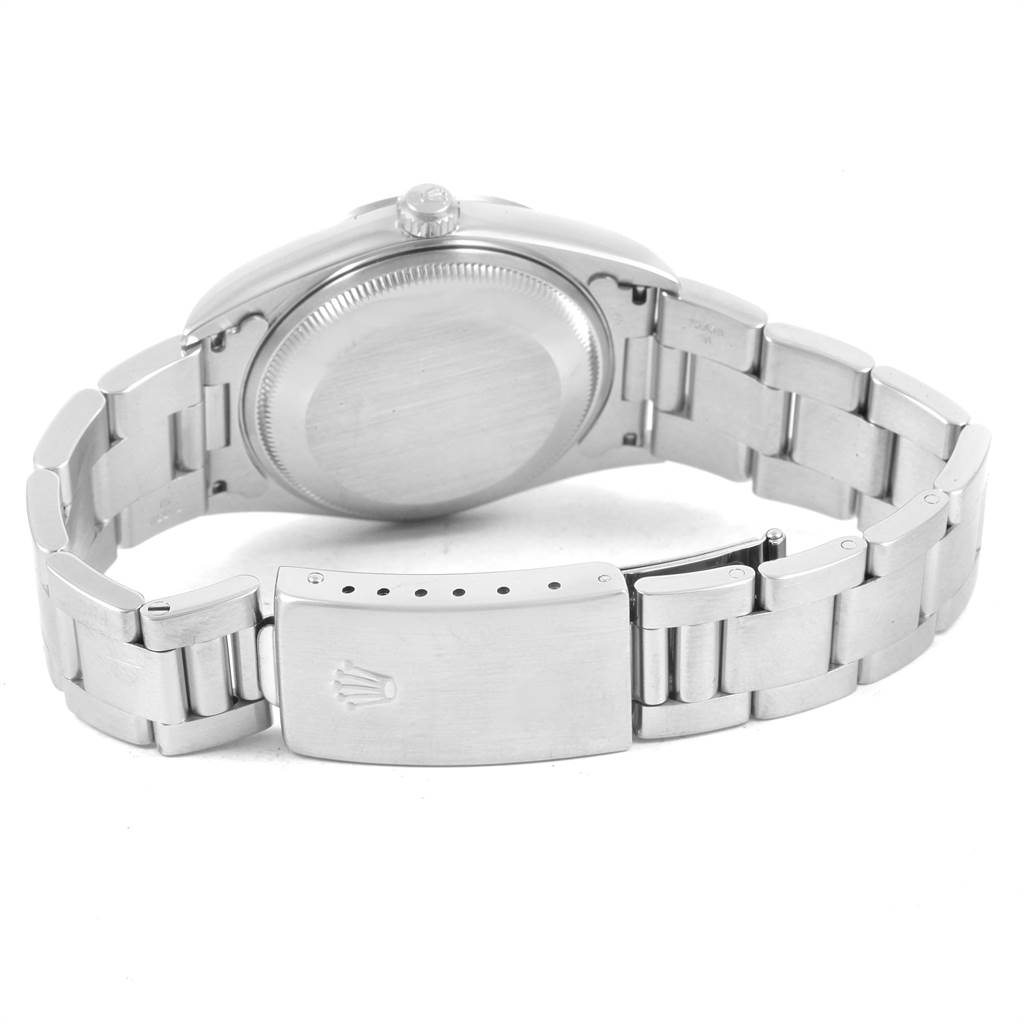 The image shows the back view of a Rolex Date 15200 Men's Stainless Steel Silver Dial 15200 Men's Stainless Steel Silver Dial watch, highlighting its clasp, bracelet, and case back.