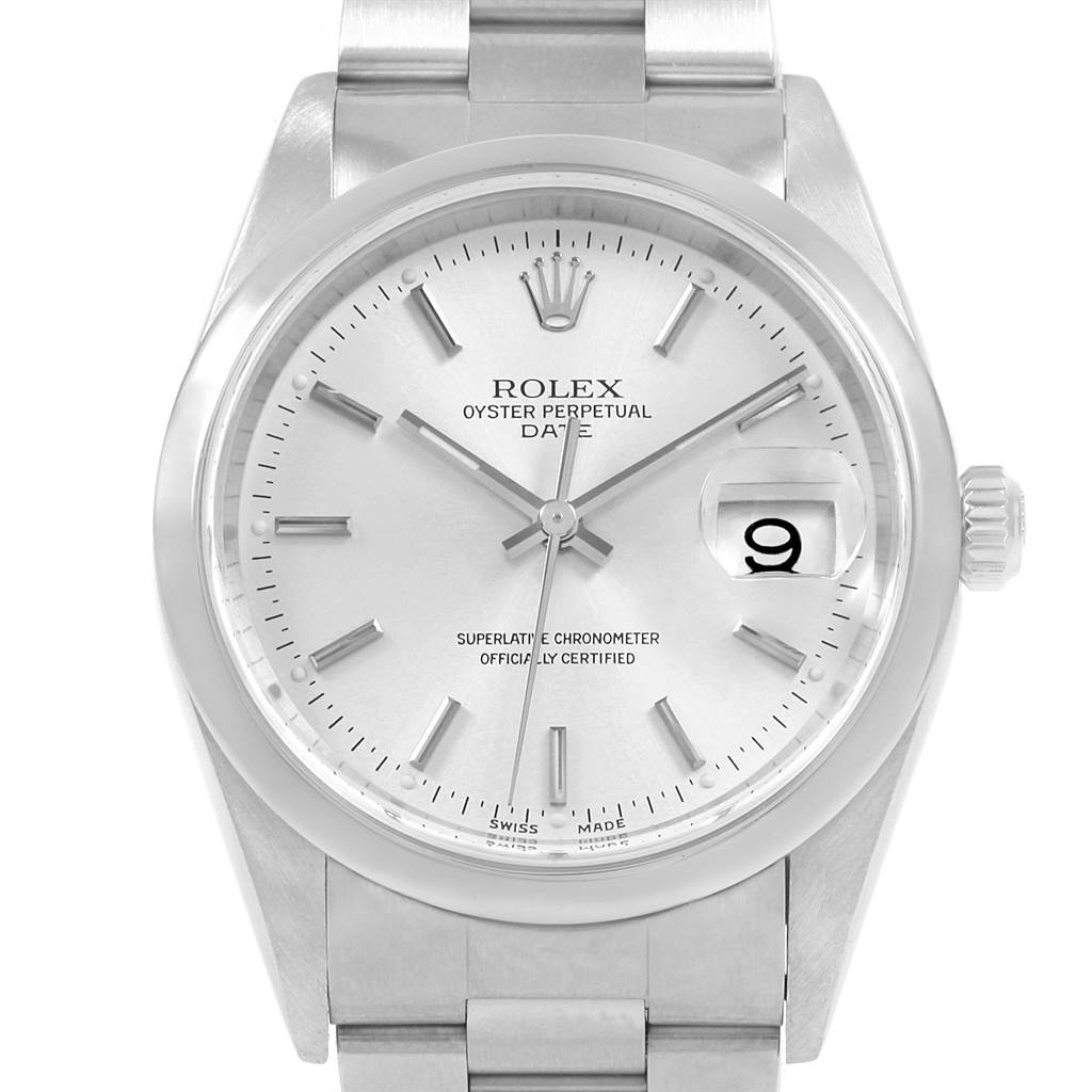 This image shows a front view of the Rolex Date 15200 Men's Stainless Steel Silver Dial 15200 Men's Stainless Steel Silver Dial model watch, highlighting the face, hands, date window, and part of the bracelet.