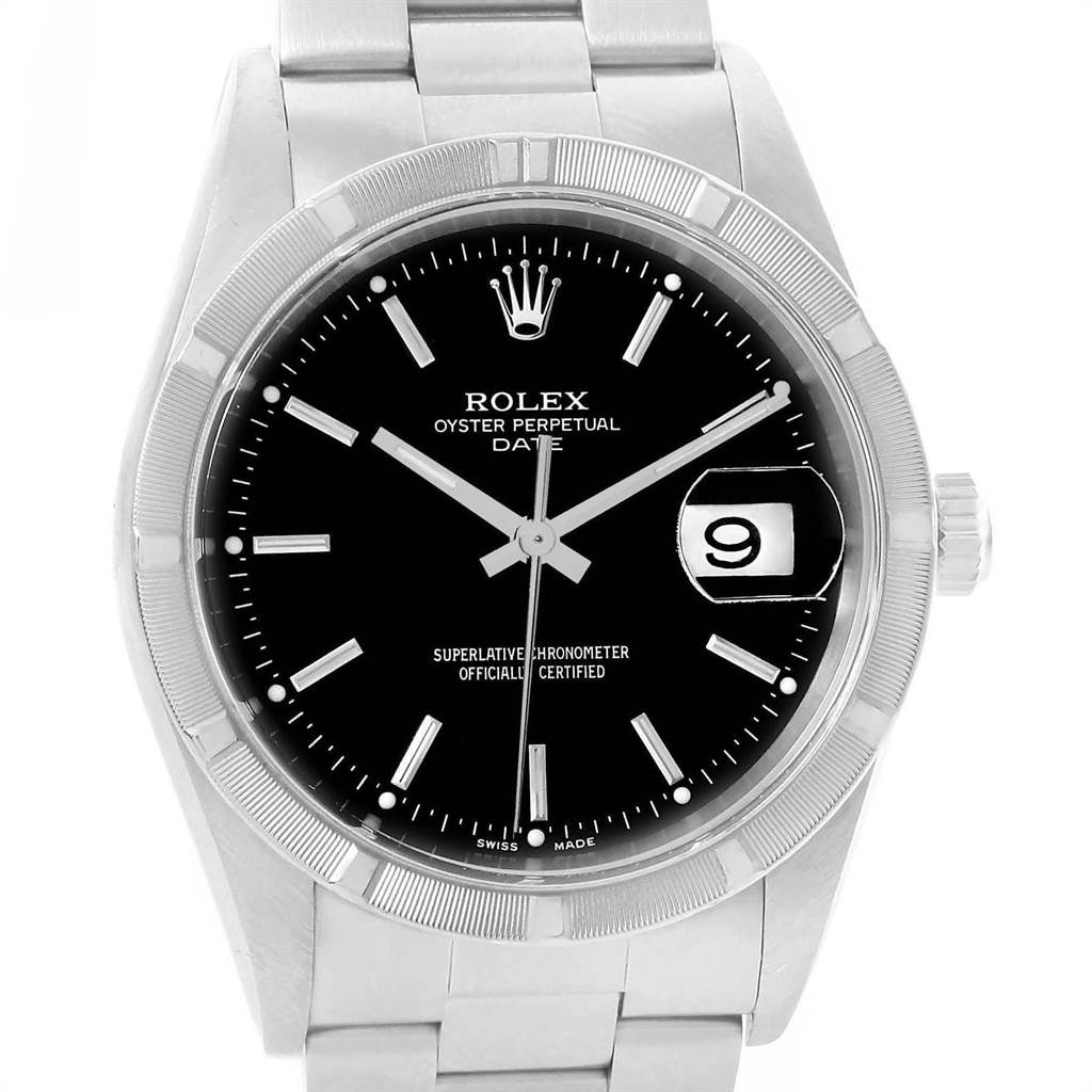The image shows a frontal view of the Rolex Date 15210 Men's Stainless Steel Black Dial 15210 Men's Stainless Steel Black Dial model watch, highlighting its face, bezel, and part of the metal bracelet.