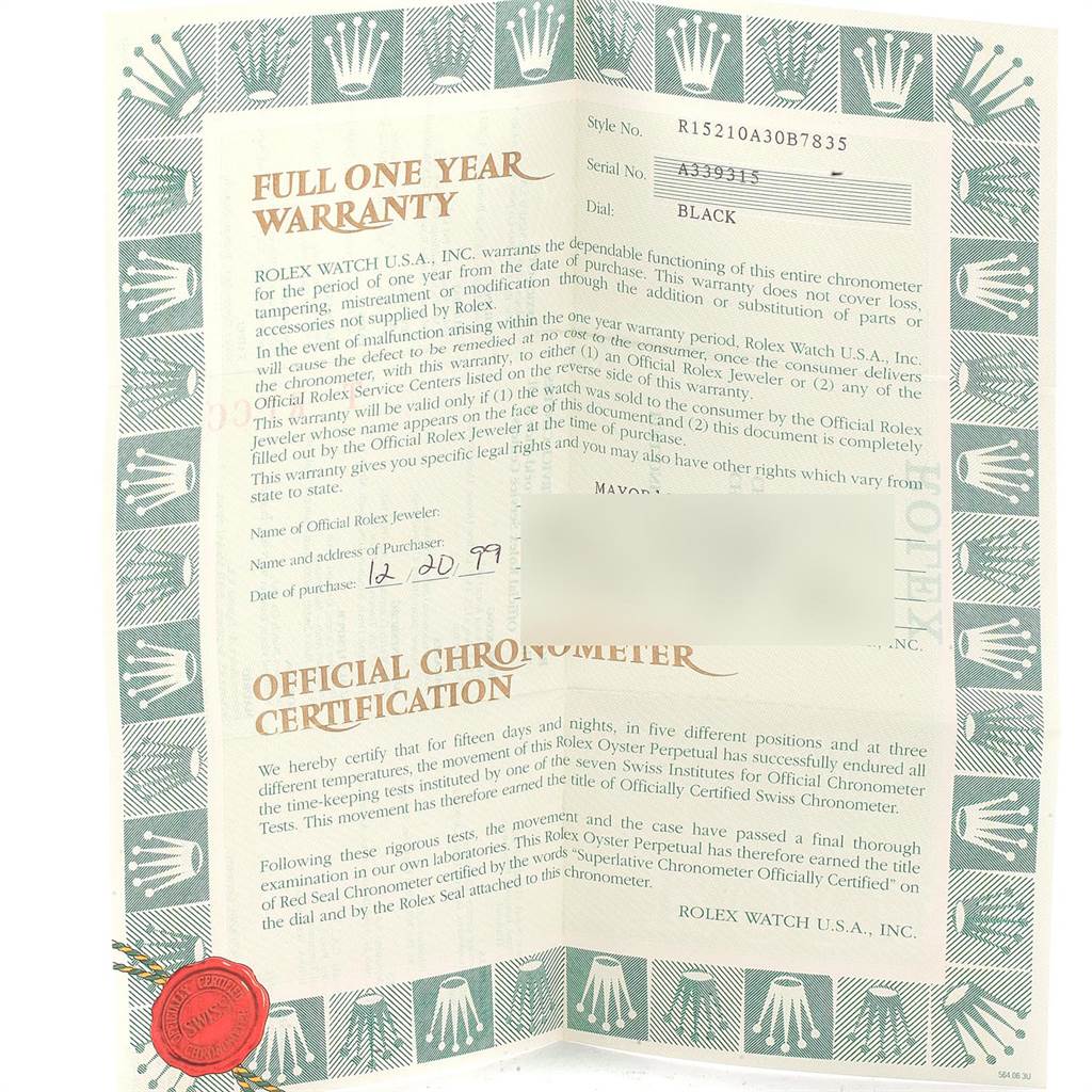 The image shows an official warranty and chronometer certification for a Rolex Date 15210 Men's Stainless Steel Black Dial 15210 Men's Stainless Steel Black Dial model watch.