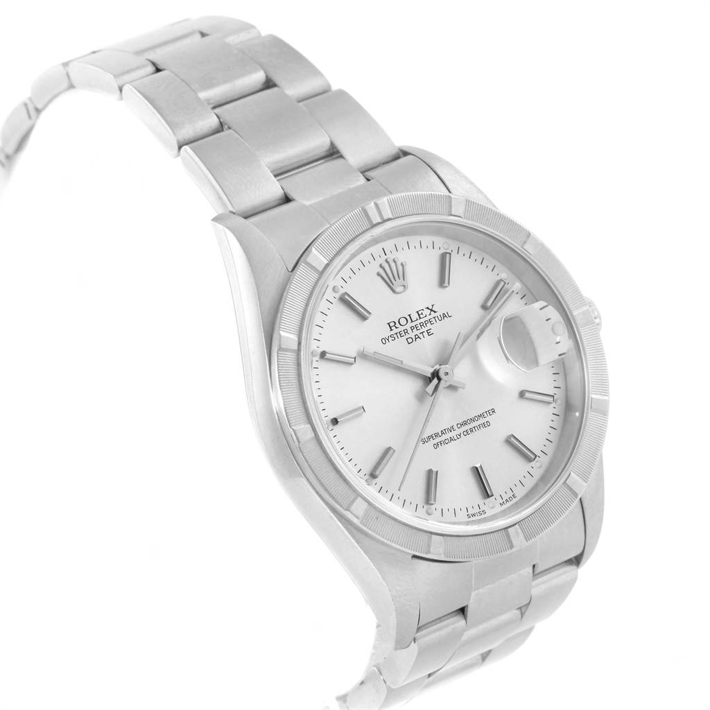 This image shows a Rolex Date 15210 Men's Stainless Steel Silver Dial 15210 Men's Stainless Steel Silver Dial model watch angled slightly to the left, displaying the face, bezel, and bracelet.