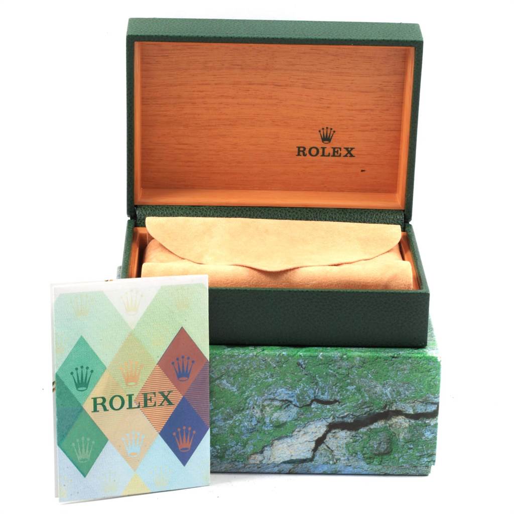 The image shows an open Rolex Date 15210 Men's Stainless Steel Silver Dial 15210 Men's Stainless Steel Silver Dial model watch box along with a Rolex booklet, viewed from the front angle.