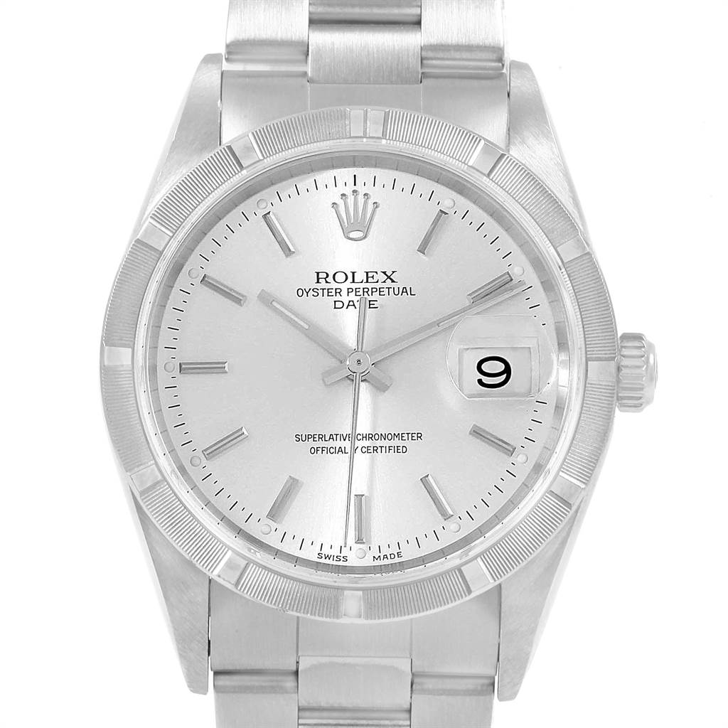 The image shows a frontal view of the Rolex Date 15210 Men's Stainless Steel Silver Dial 15210 Men's Stainless Steel Silver Dial model watch, displaying its dial, hands, date window, and bracelet.