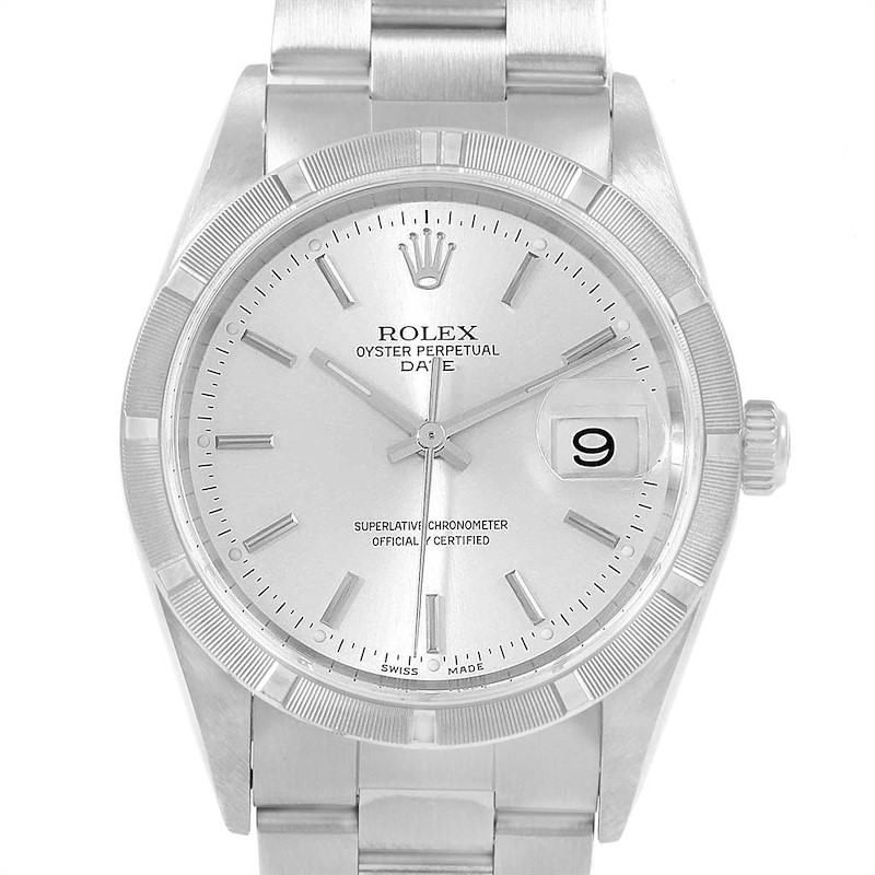 Rolex Date Silver Dial Engine Turned Bezel Mens Watch 15210 Box Papers SwissWatchExpo