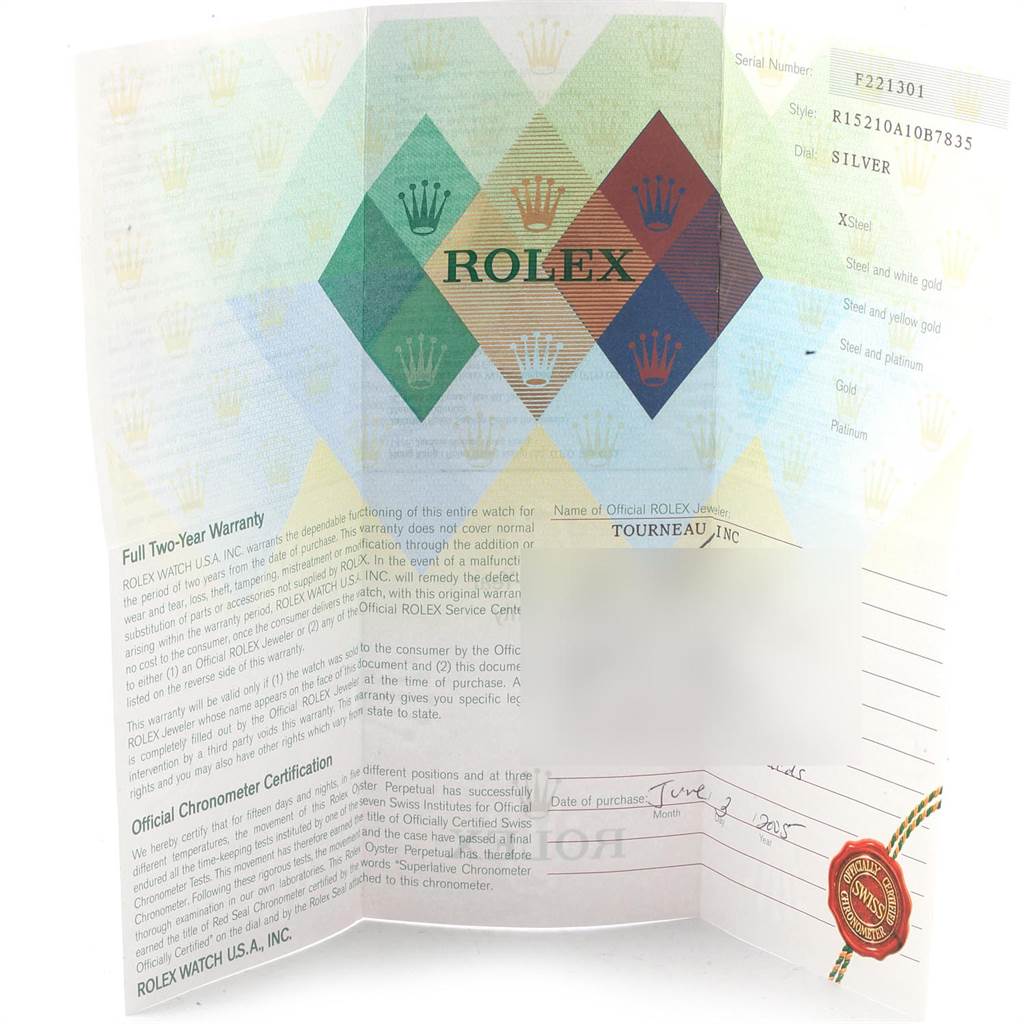 This image shows the warranty card and certificate for a Rolex Date 15210 Men's Stainless Steel Silver Dial 15210 Men's Stainless Steel Silver Dial model watch.