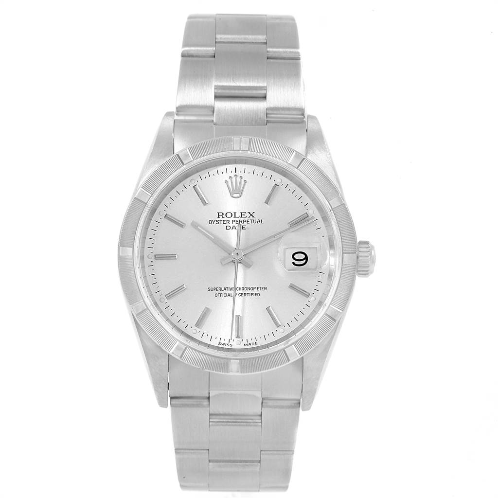 The image shows a frontal view of a Rolex Date 15210 Men's Stainless Steel Silver Dial 15210 Men's Stainless Steel Silver Dial model watch, highlighting its dial, bezel, bracelet, and crown.