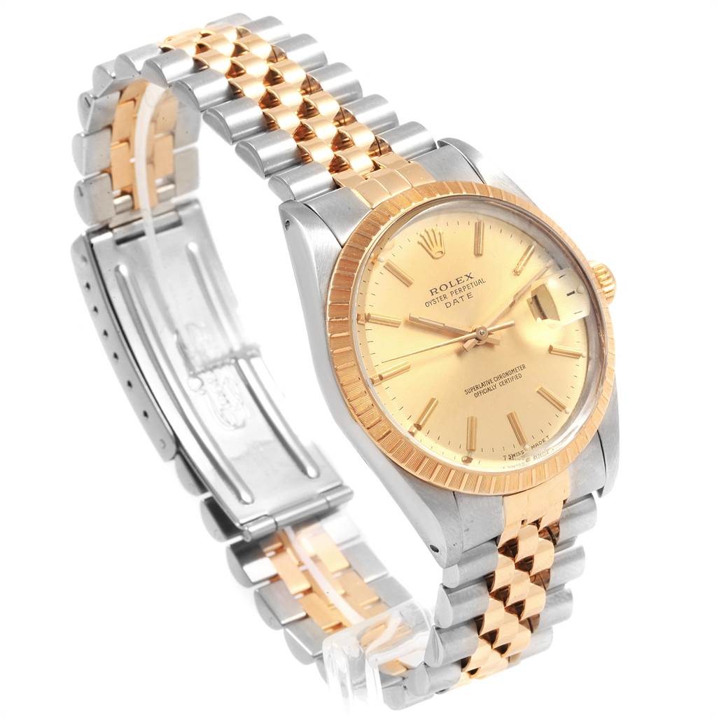 The image shows a Rolex Date 15053 Men's Steel and Gold (two tone) Champagne Dial 15053 Men's Steel and Gold (two tone) Champagne Dial watch at a three-quarter angle, highlighting its gold and silver bracelet and gold dial.