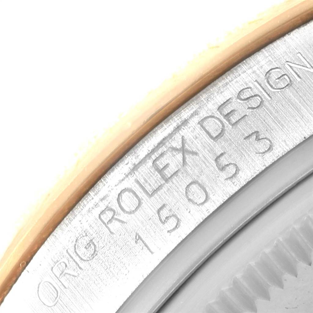This image shows a close-up of the model number engraving on the side of a Rolex Date 15053 Men's Steel and Gold (two tone) Champagne Dial 15053 Men's Steel and Gold (two tone) Champagne Dial watch.