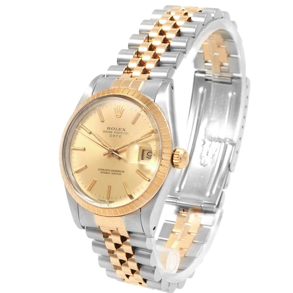 This image shows a Rolex Date 15053 Men's Steel and Gold (two tone) Champagne Dial 15053 Men's Steel and Gold (two tone) Champagne Dial model watch at a three-quarter angle, displaying the dial, bezel, crown, and bracelet.