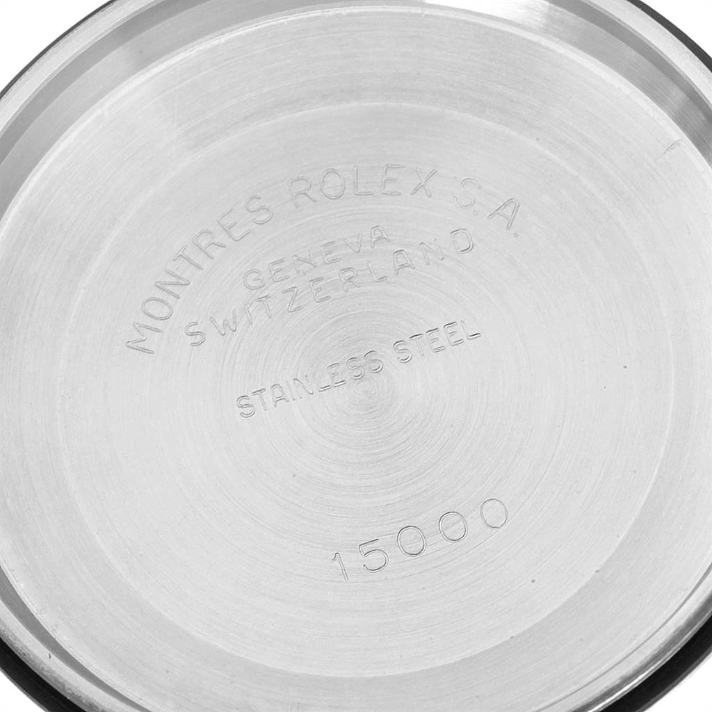 This image shows the inner case back of a Rolex Date 15053 Men's Steel and Gold (two tone) Champagne Dial 15053 Men's Steel and Gold (two tone) Champagne Dial model watch, engraved with model details and material information.