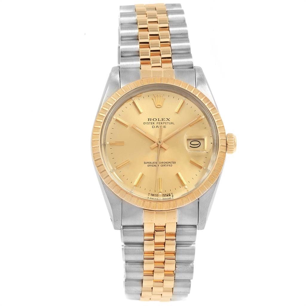 The image shows a Rolex Date 15053 Men's Steel and Gold (two tone) Champagne Dial 15053 Men's Steel and Gold (two tone) Champagne Dial model watch from the front, highlighting the face, bezel, and two-tone bracelet.