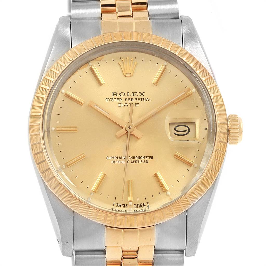 The image shows a front view of a Rolex Oyster Perpetual Date watch, highlighting the dial, bezel, and bracelet.