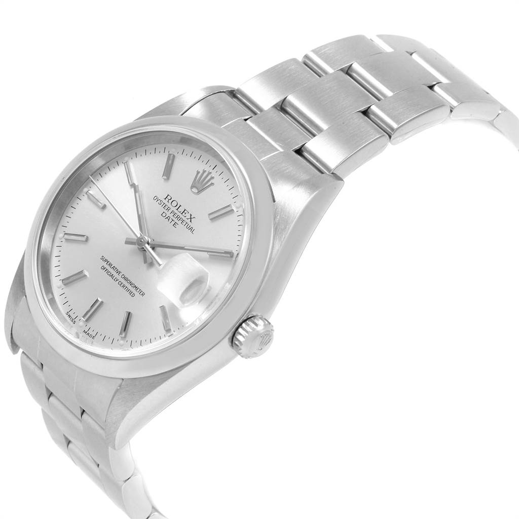 The image shows a silver Rolex Date 15200 Men's Stainless Steel Silver Dial 15200 Men's Stainless Steel Silver Dial watch at an angle emphasizing the dial, crown, and bracelet.