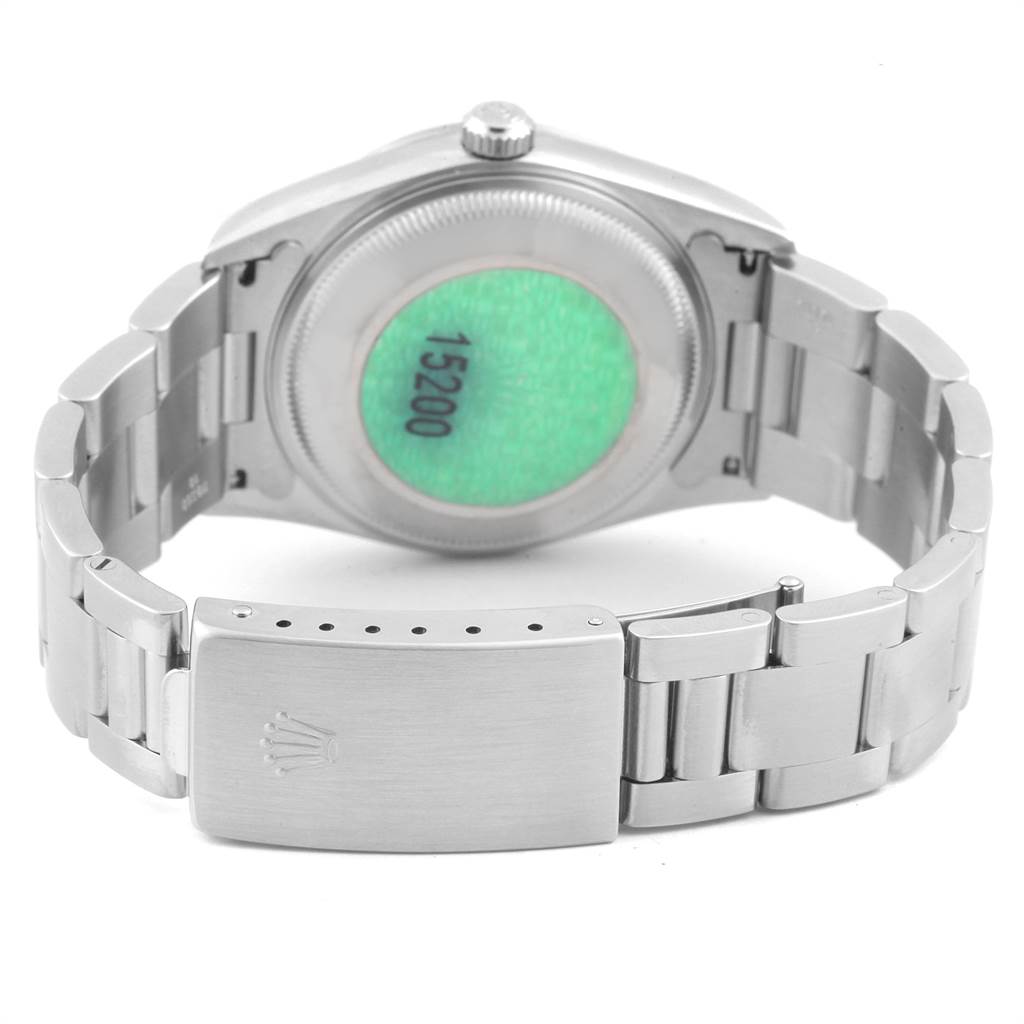 This image shows the back case, bracelet, and clasp of the Rolex Date 15200 Men's Stainless Steel Silver Dial 15200 Men's Stainless Steel Silver Dial model watch.