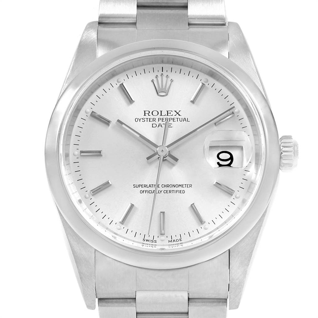 The image shows a front view of a Rolex Date 15200 Men's Stainless Steel Silver Dial 15200 Men's Stainless Steel Silver Dial model, highlighting its dial, hands, bracelet, and date window.